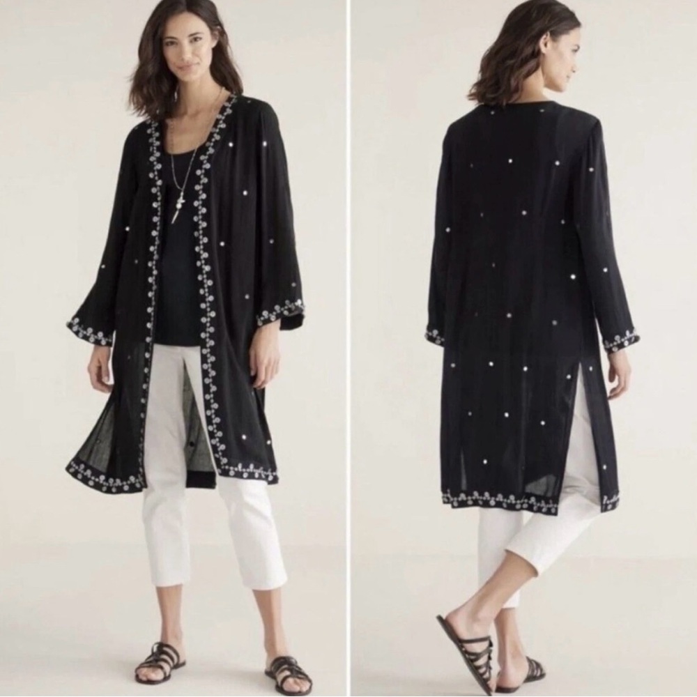 Soft Surroundings Embellished Duster Kimono M Black 3/4 Sleeve Split Cuff Open